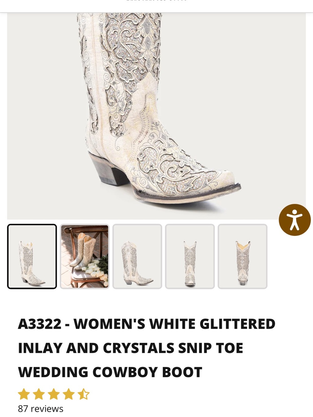 White Glitter Inlay Snip Toe Women's Cowboy Boots